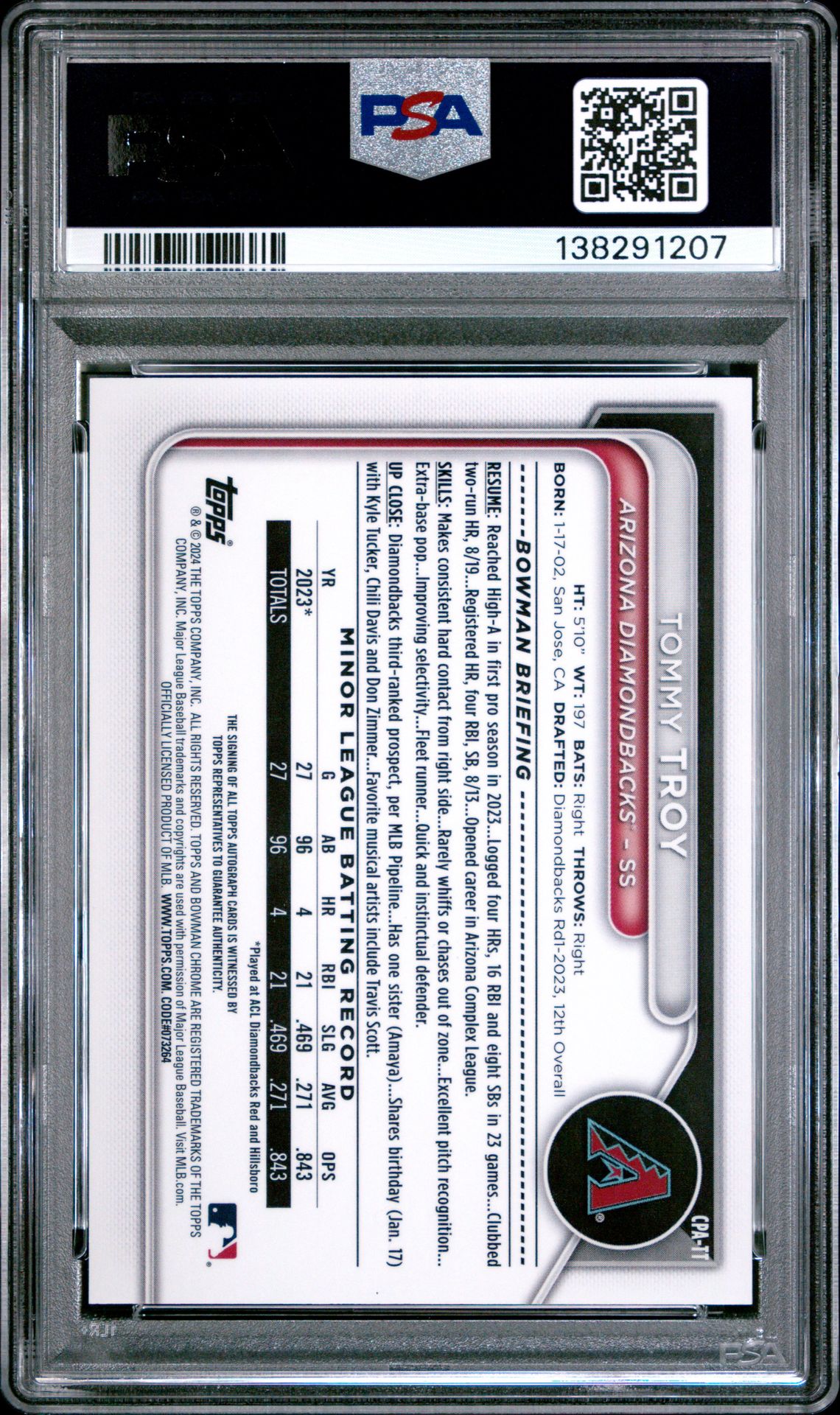 2024 Bowman Chrome Prospect Autographs Tommy Troy #Cpatt Gem Mt 10 back