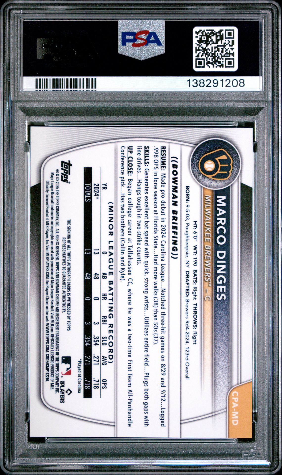 2025 Bowman Chrome Prospect Autographs Marco Dinges #Cpamd Mint 9 back