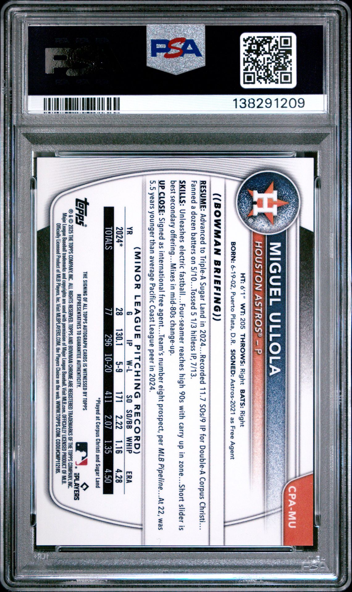 2025 Bowman Chrome Prospect Autographs Miguel Ullola #Cpamu Mint 9 back