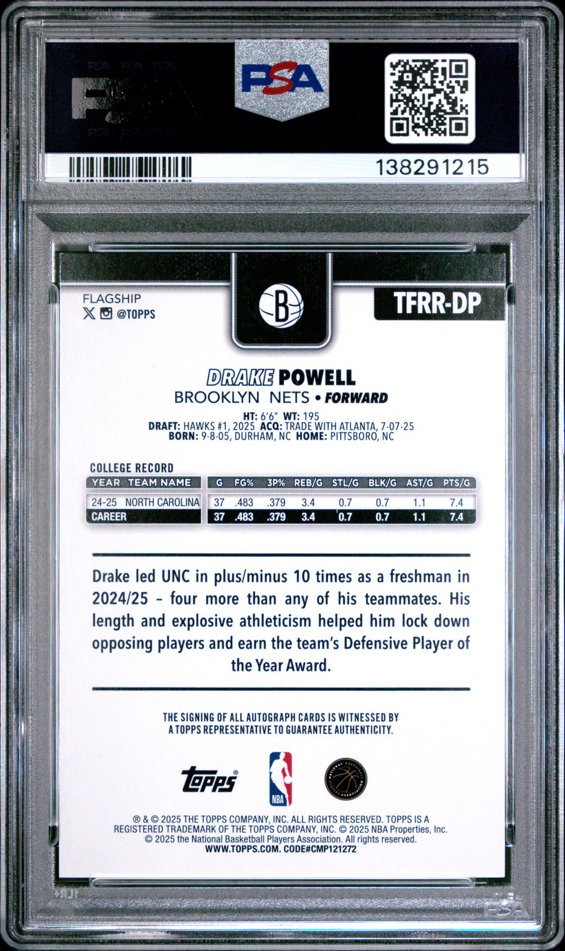 2025 Topps Flagship Real One Rookie Autographs Drake Powell #Tfrr-Dp Nm-Mt 8 back