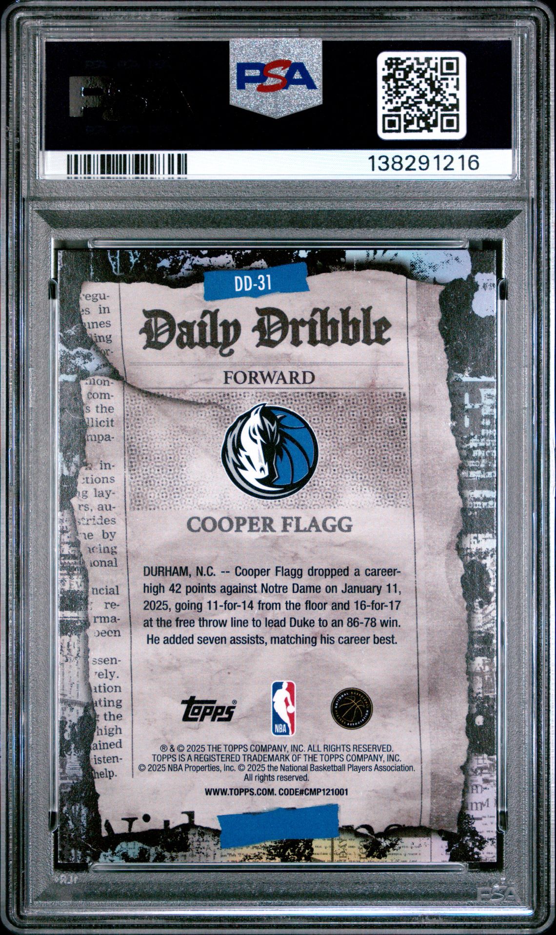 2025 Topps The Daily Dribble Cooper Flagg #Dd-31 Mint 9 back