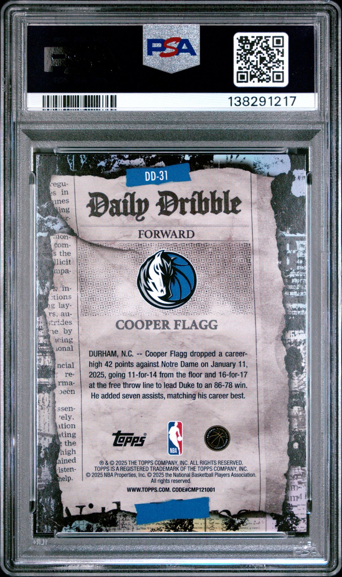 2025 Topps The Daily Dribble Cooper Flagg #Dd-31 Mint 9 back