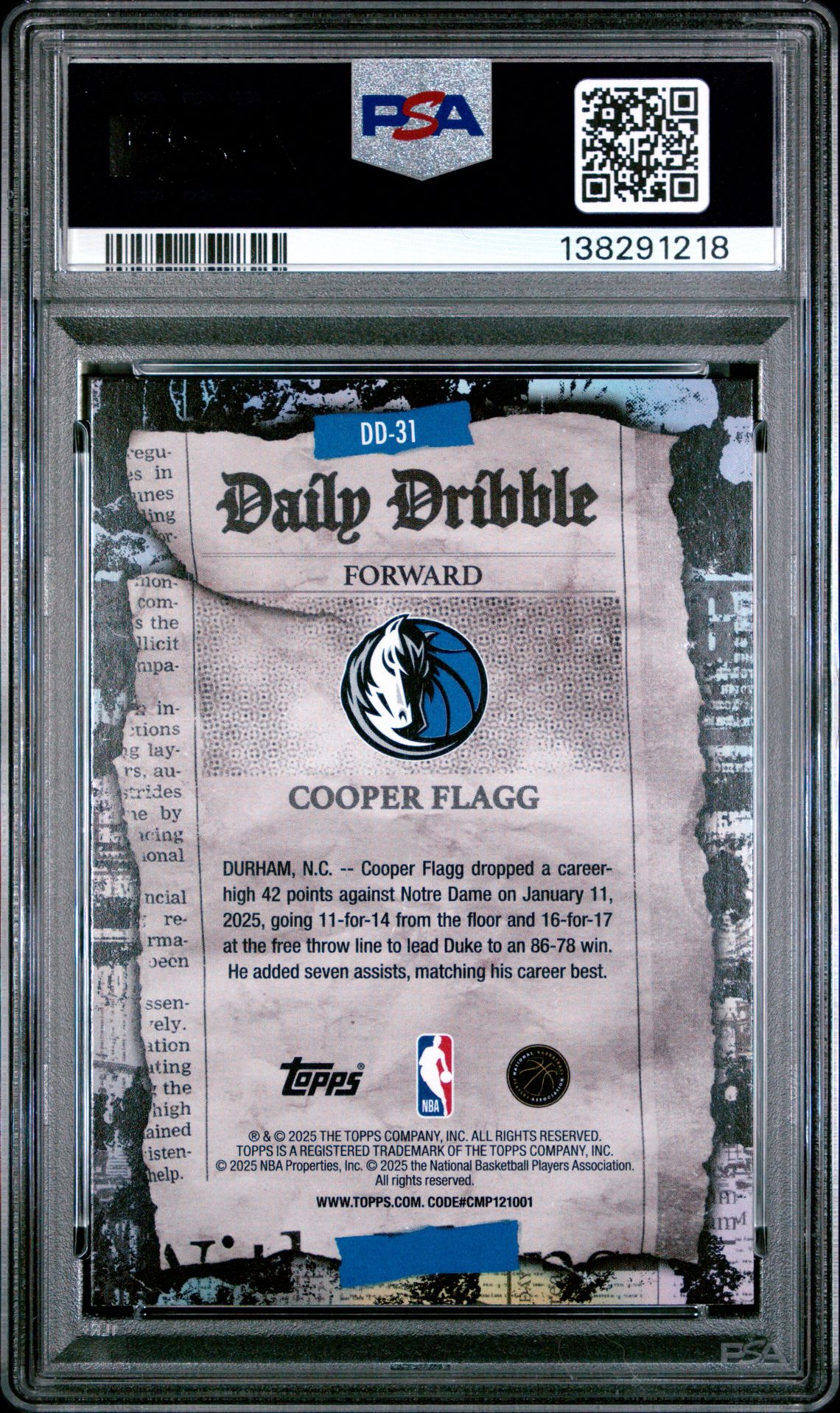 2025 Topps The Daily Dribble Cooper Flagg #Dd-31 Gem Mt 10 back