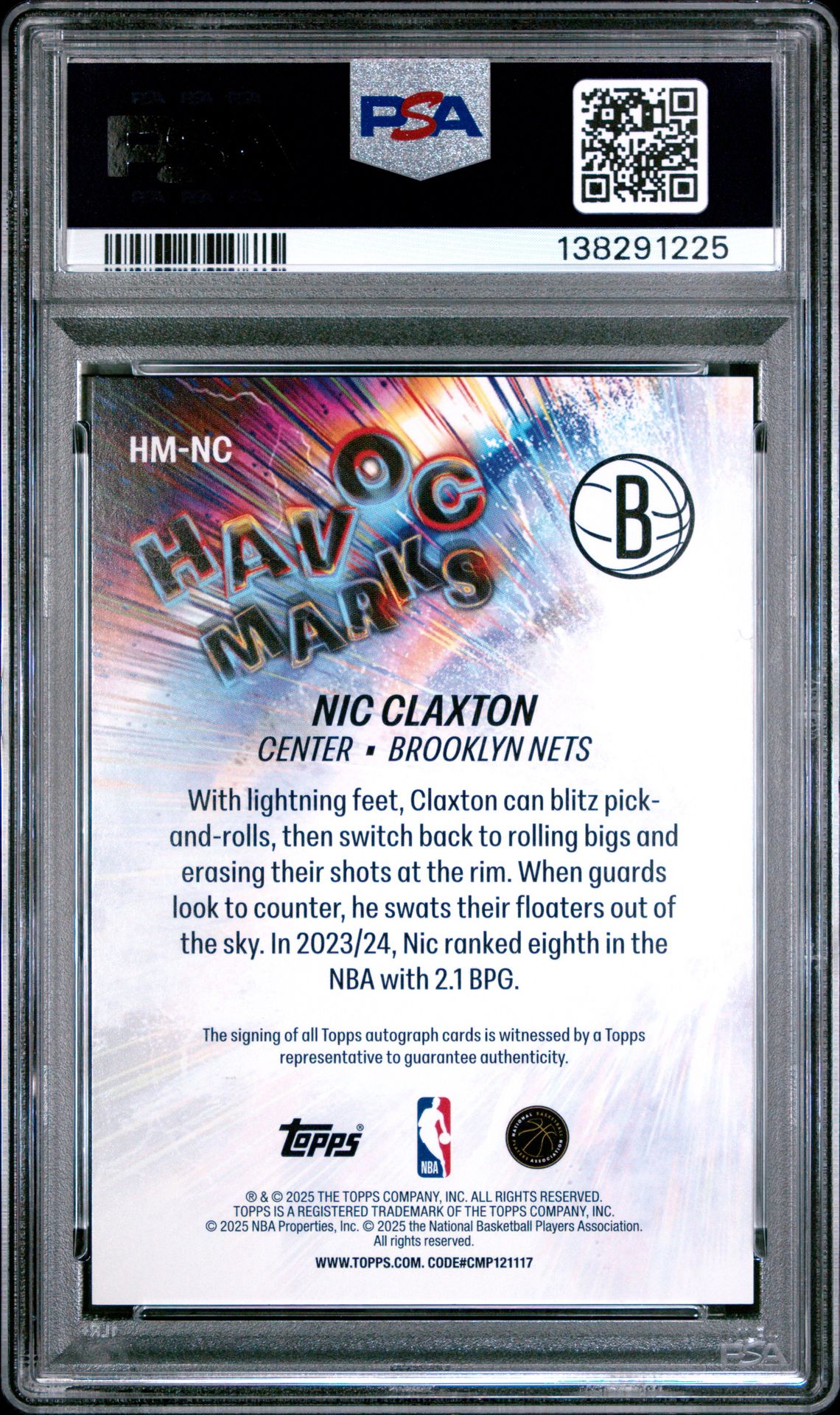 2025 Topps Havoc Marks Nic Claxton #Hm-Nc (Havoc Marks-Green Rainbow) Gem Mt 10 back view - PSA certificate #138291225