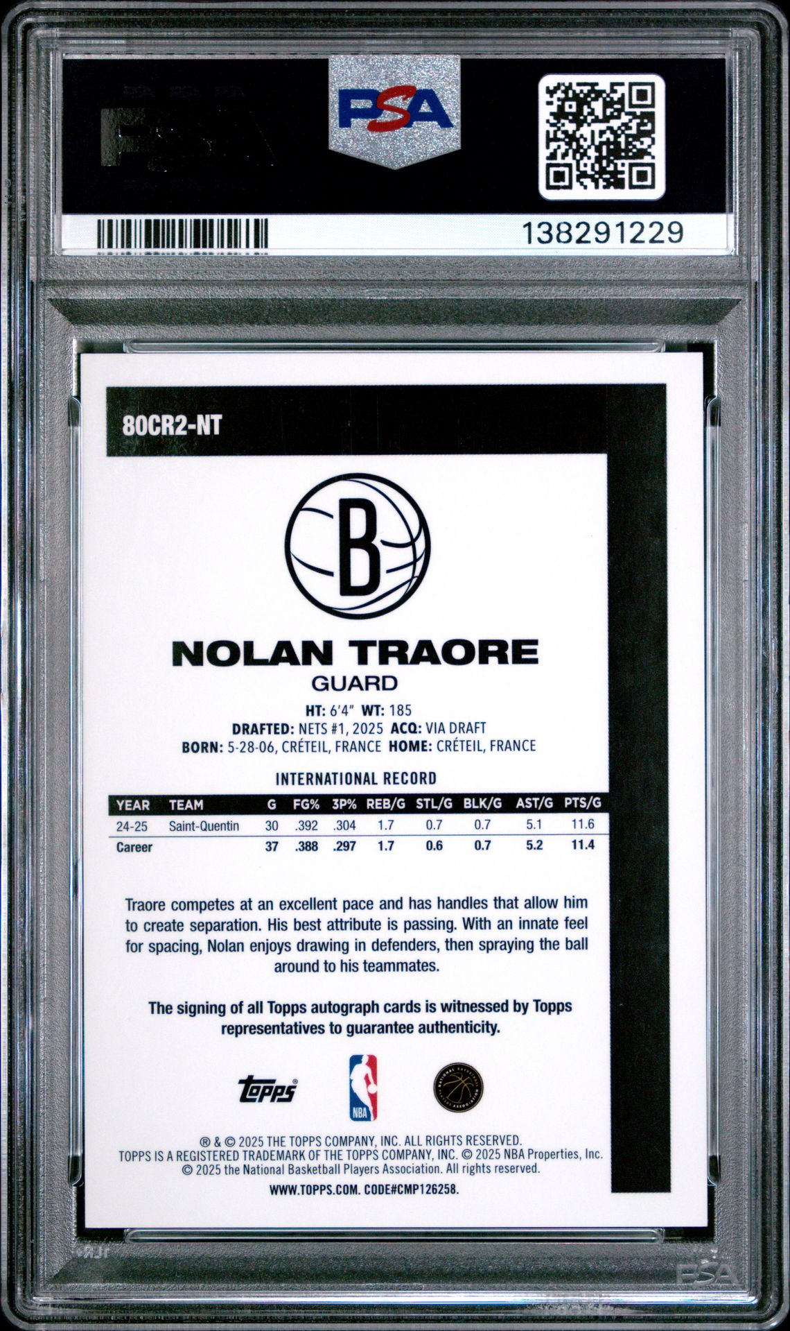 2025 Topps Silver Pack 1980-81 Topps Chrome Basketball Rookie Autographs Nolan Traore #Nt (Rookie Autograph-Gold) Mint 9 back