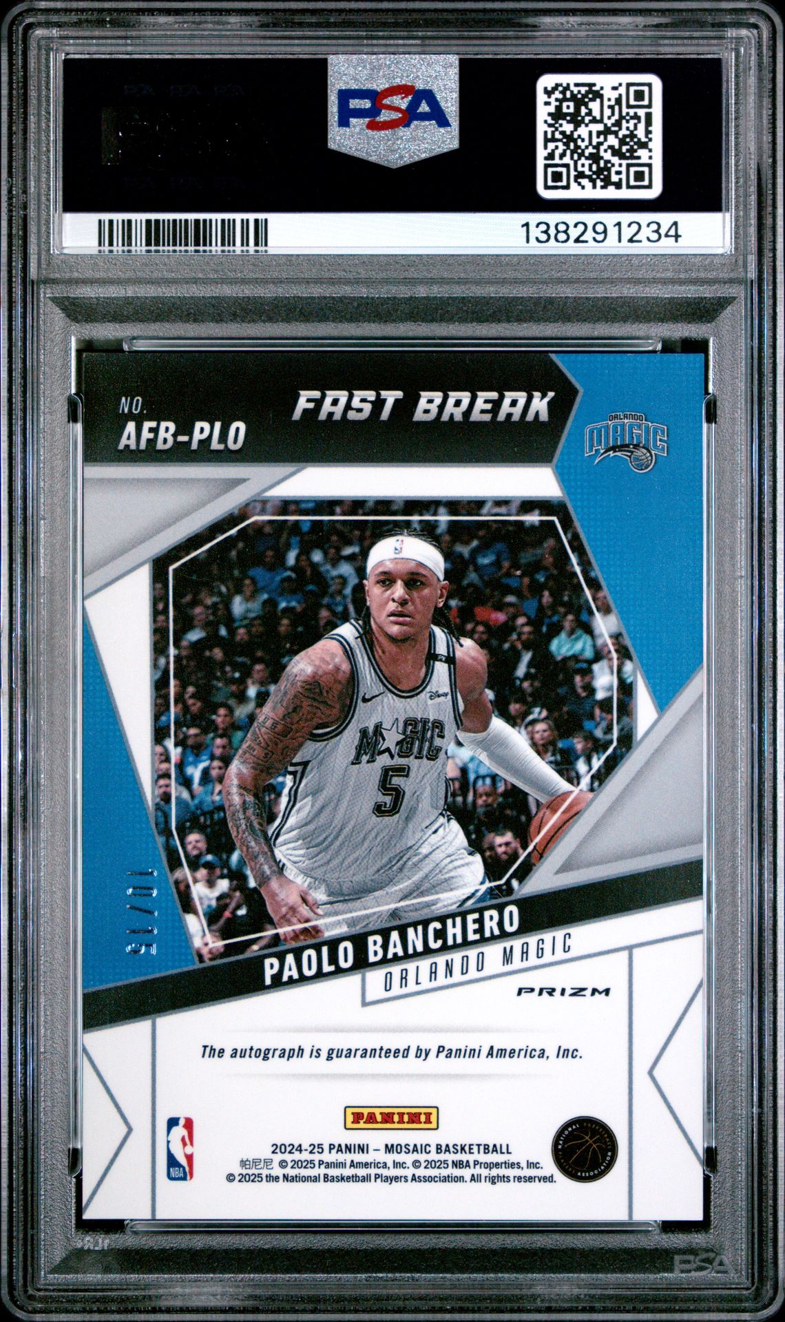 2024 Panini Mosaic Fast Break Autographs Paolo Banchero #Afbplo (Fast Break Autograph-Pink) Gem Mt 10 back