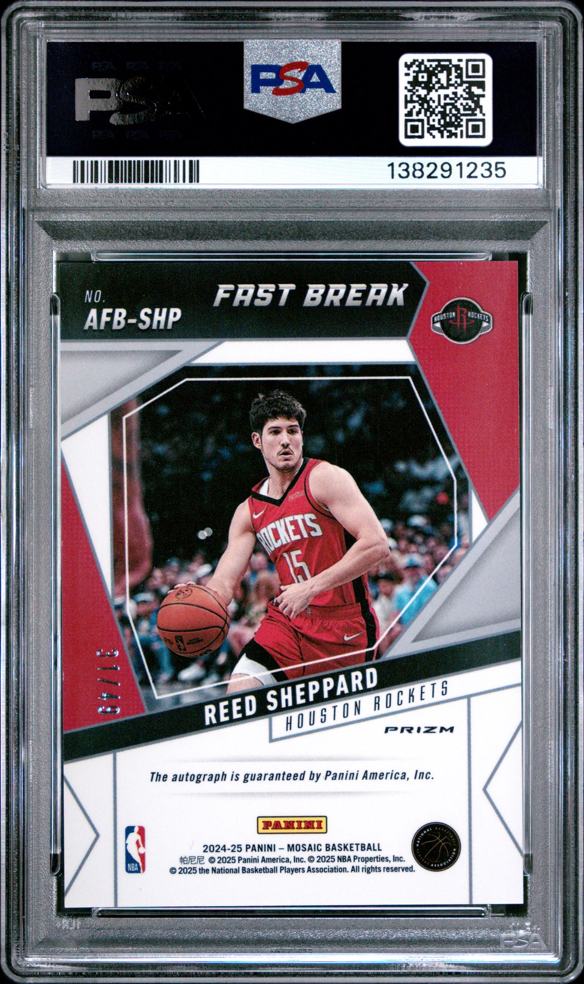 2024 Panini Mosaic Fast Break Autographs Reed Sheppard #Afbshp (Fast Break Autograph-Red) Gem Mt 10 back
