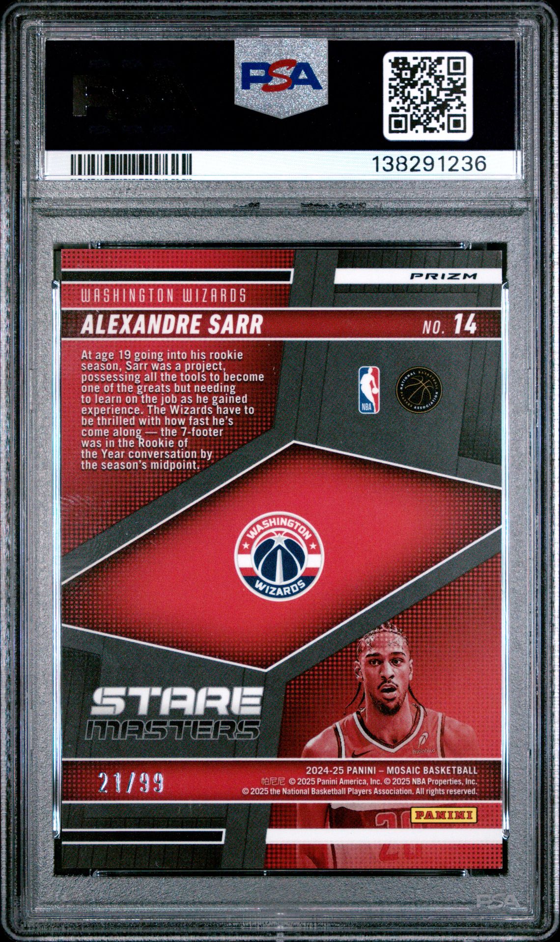 2024 Panini Mosaic Stare Masters Alexandre Sarr #14 (Stare Masters-Red Fb) Gem Mt 10 back