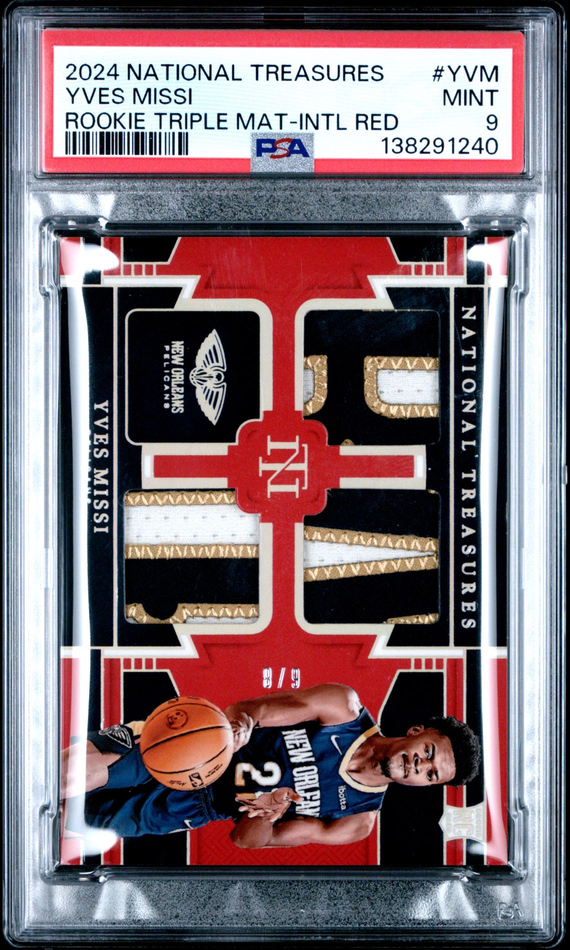 2024 Panini National Treasures Rookie Triple Materials Yves Missi #Yvm (Rookie Triple Mat-Intl Red) Mint 9 front