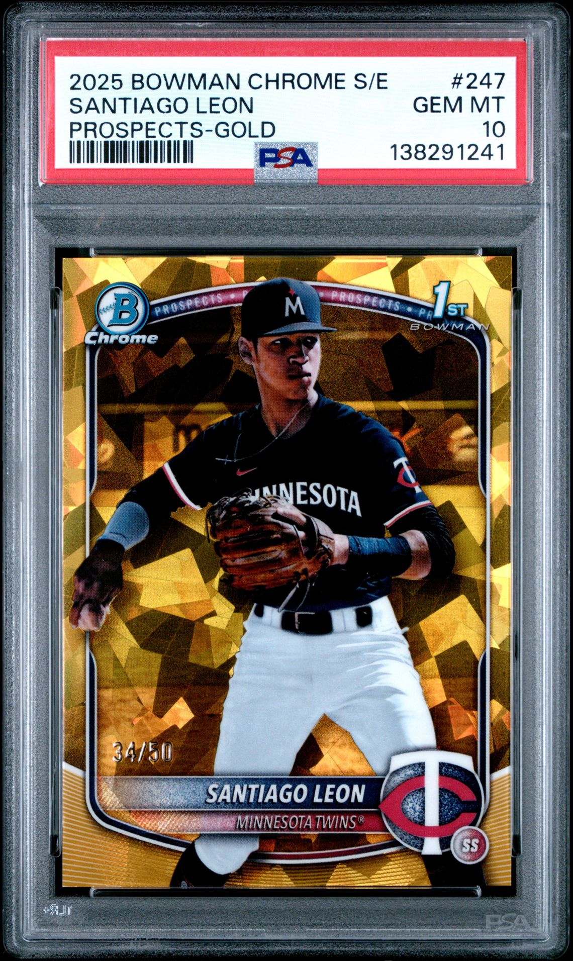 2025 Bowman Chrome Sapphire Edition Prospects Santiago Leon #247 (Prospects-Gold) Gem Mt 10 front