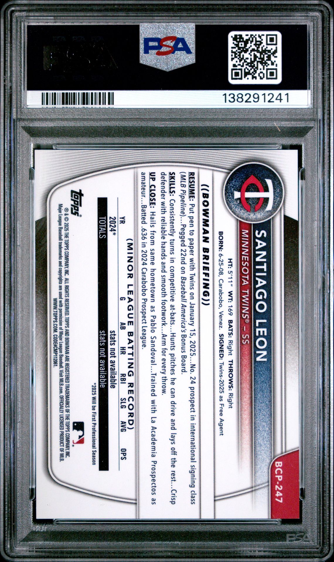 2025 Bowman Chrome Sapphire Edition Prospects Santiago Leon #247 (Prospects-Gold) Gem Mt 10 back