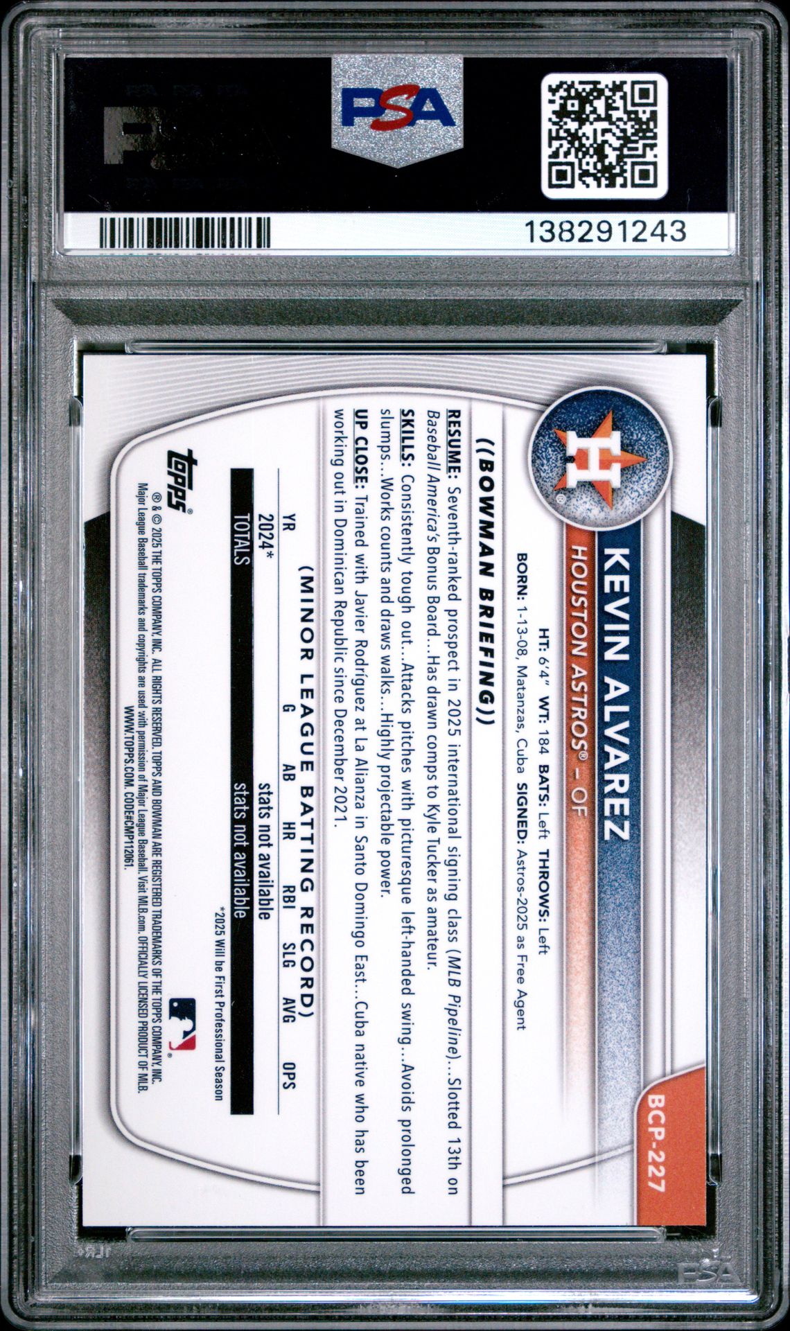 2025 Bowman Chrome Prospects Kevin Alvarez #Bcp227 (Prospects-Fuchsia Shimmer) Gem Mt 10 back