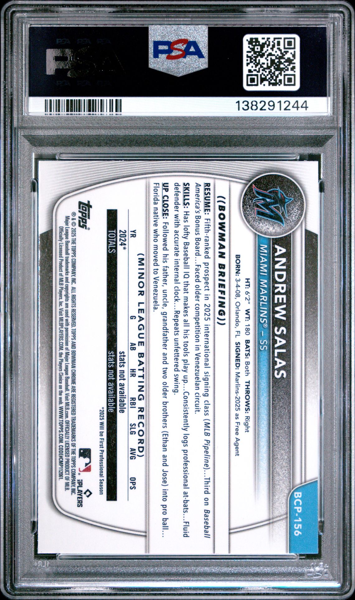 2025 Bowman Chrome Prospects Andrew Salas #Bcp156 (Prospects-Laser Refractor) Gem Mt 10 back