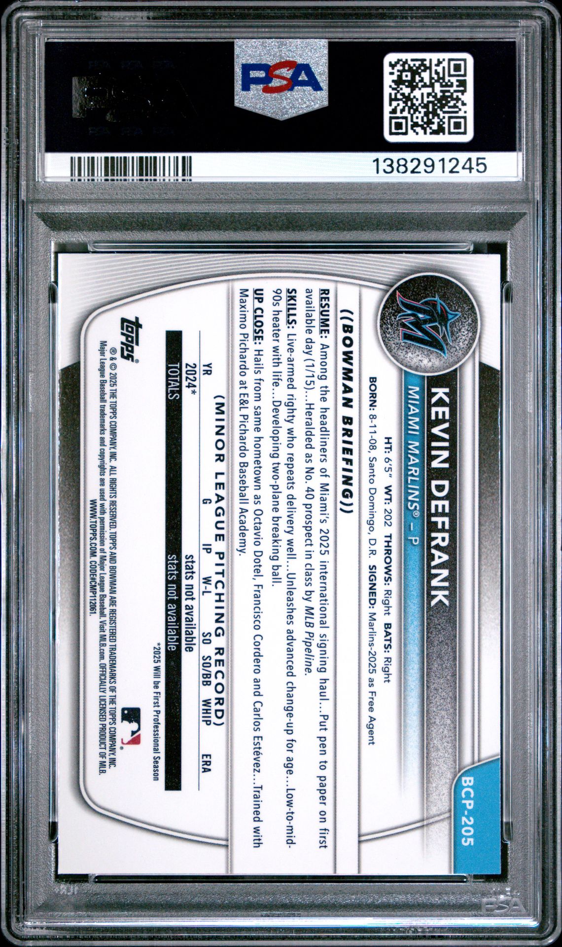 2025 Bowman Chrome Prospects Kevin Defrank #Bcp205 (Prospects-Laser Refractor) Gem Mt 10 back