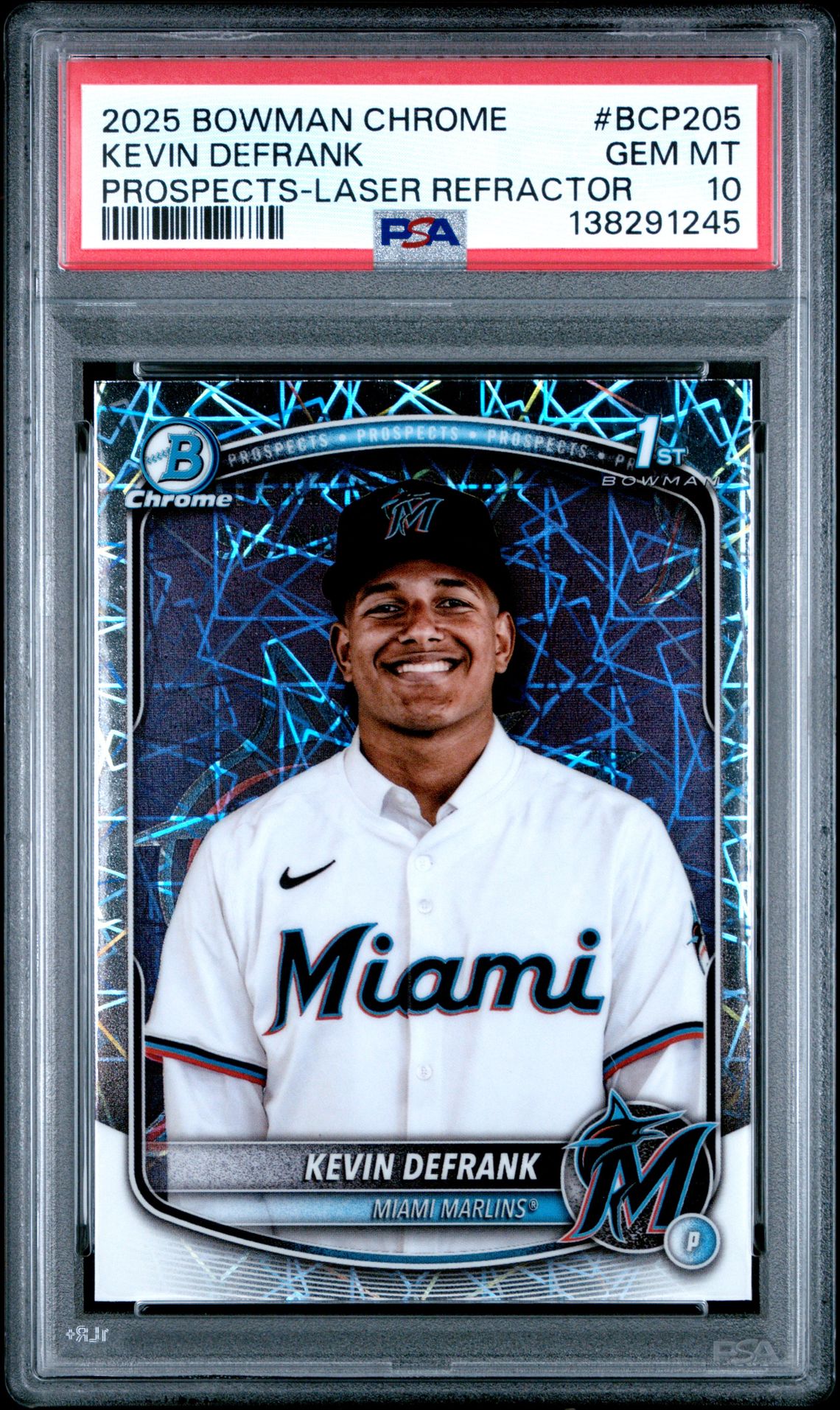 2025 Bowman Chrome Prospects Kevin Defrank #Bcp205 (Prospects-Laser Refractor) Gem Mt 10 front
