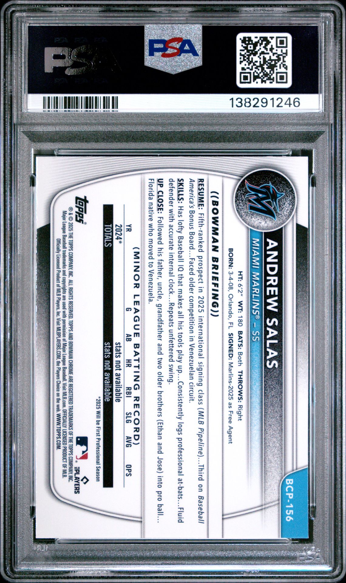 2025 Bowman Chrome Mega Box Chrome Prospects Andrew Salas #156 Gem Mt 10 back