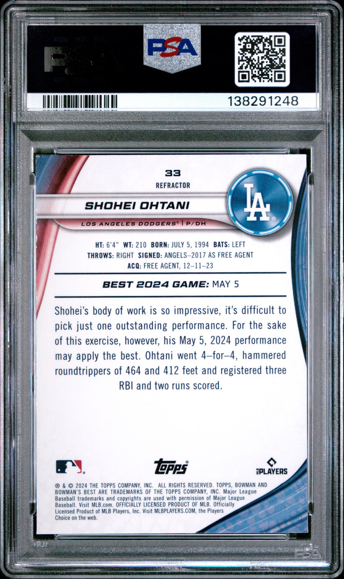 2024 Bowman's Best Shohei Ohtani #33 (Refractor) Gem Mt 10 back