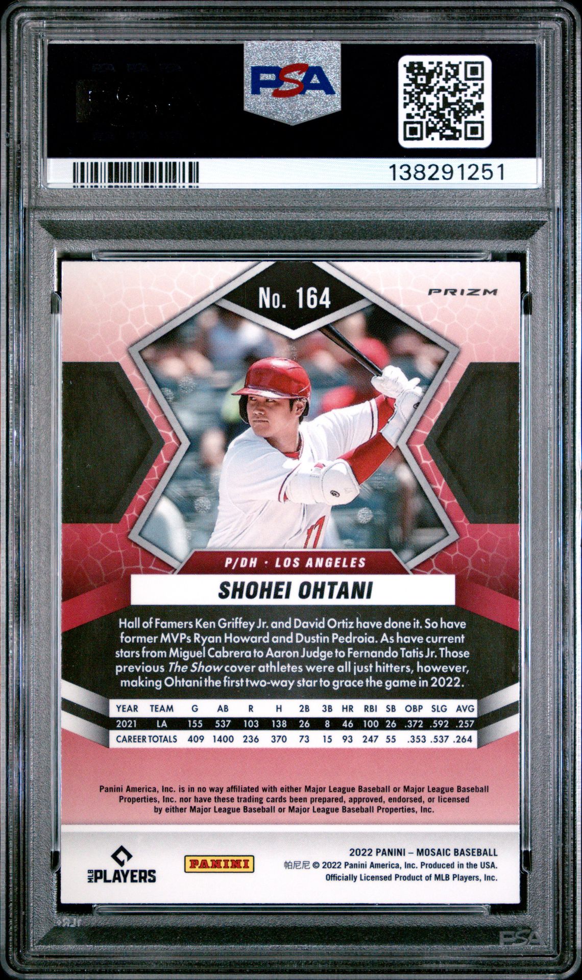 2022 Panini Mosaic Shohei Ohtani #164 (Silver Prizm) Gem Mt 10 back
