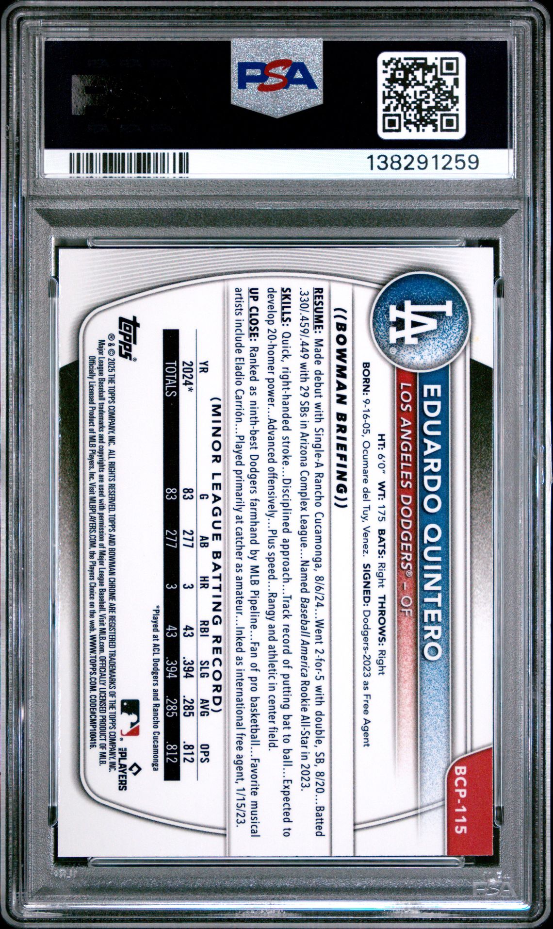 2025 Bowman Chrome Prospects Eduardo Quintero #Bcp115 (Chrome Pros-Blue Shimmer) Mint 9 back