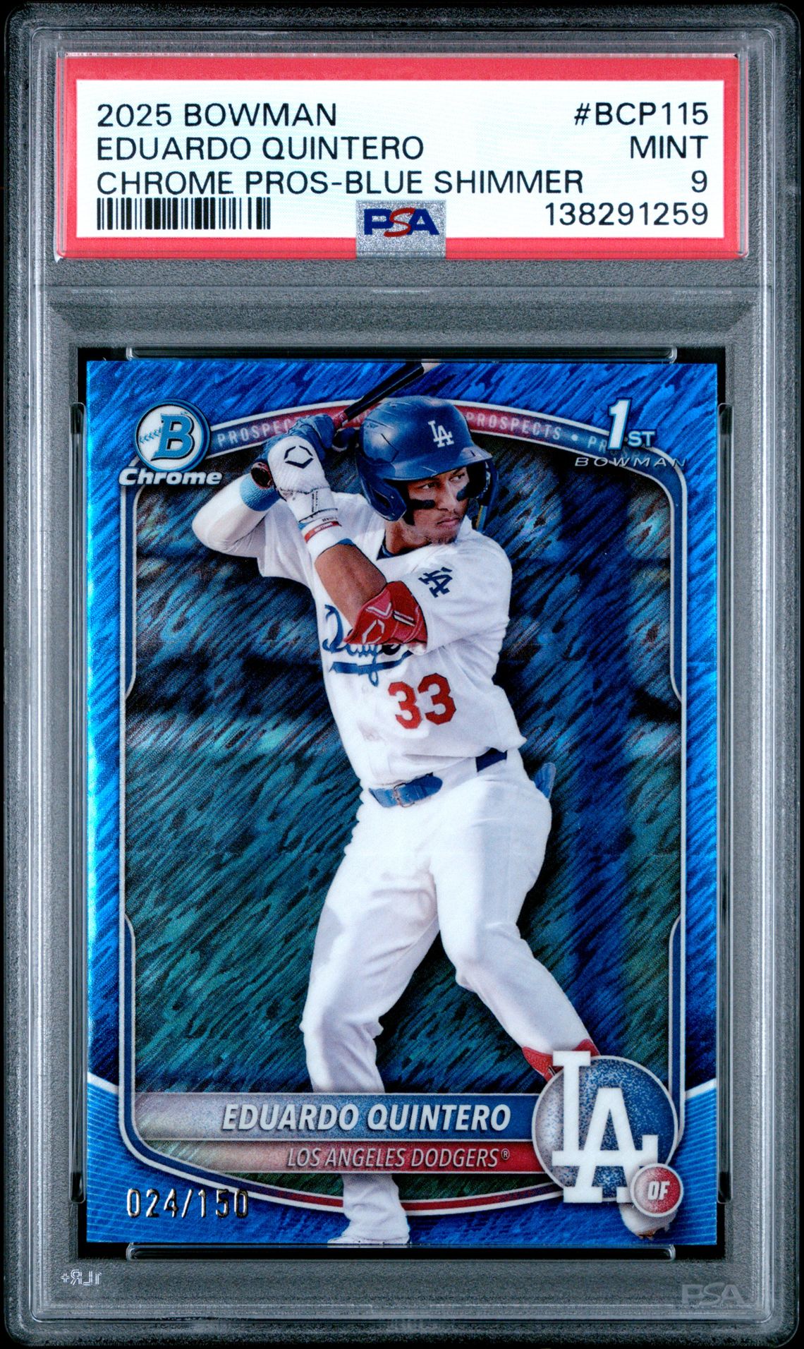 2025 Bowman Chrome Prospects Eduardo Quintero #Bcp115 (Chrome Pros-Blue Shimmer) Mint 9 front