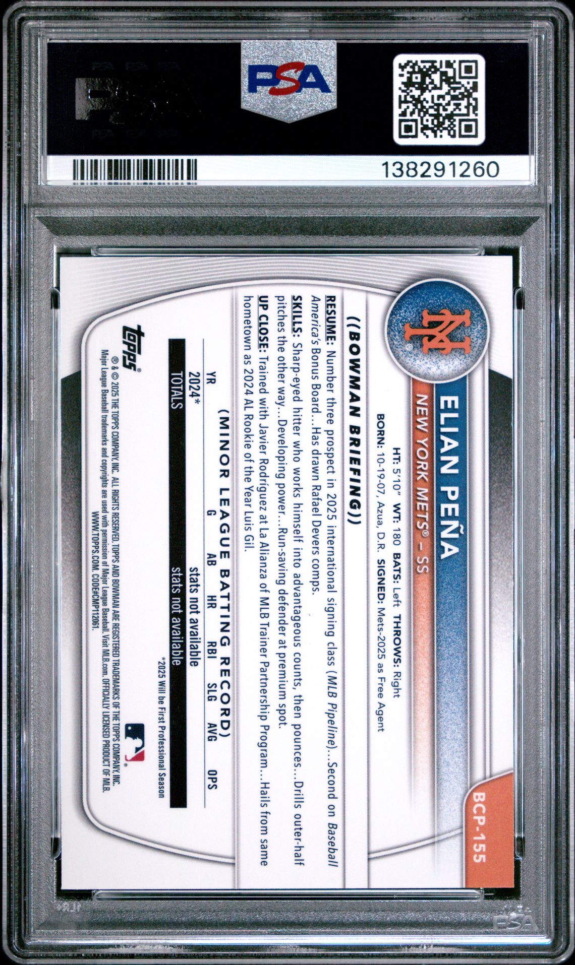 2025 Bowman Chrome Prospects Elian Pena #Bcp155 (Prospects-Purple Shimmer) Gem Mt 10 back