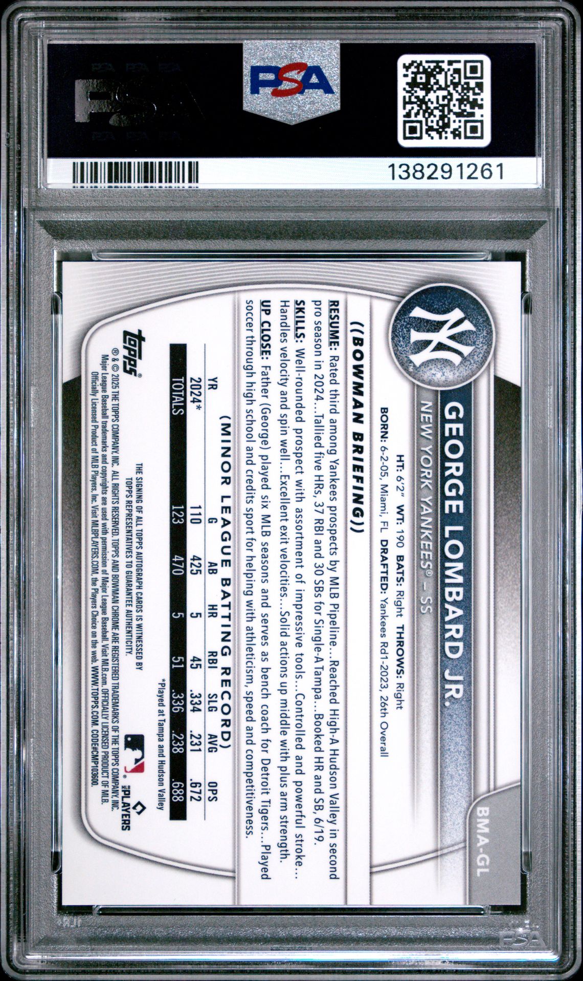 2025 Bowman Mega Box Bowman Prospect Mega Autographs George Lombard Jr. #Gl Gem Mt 10 back