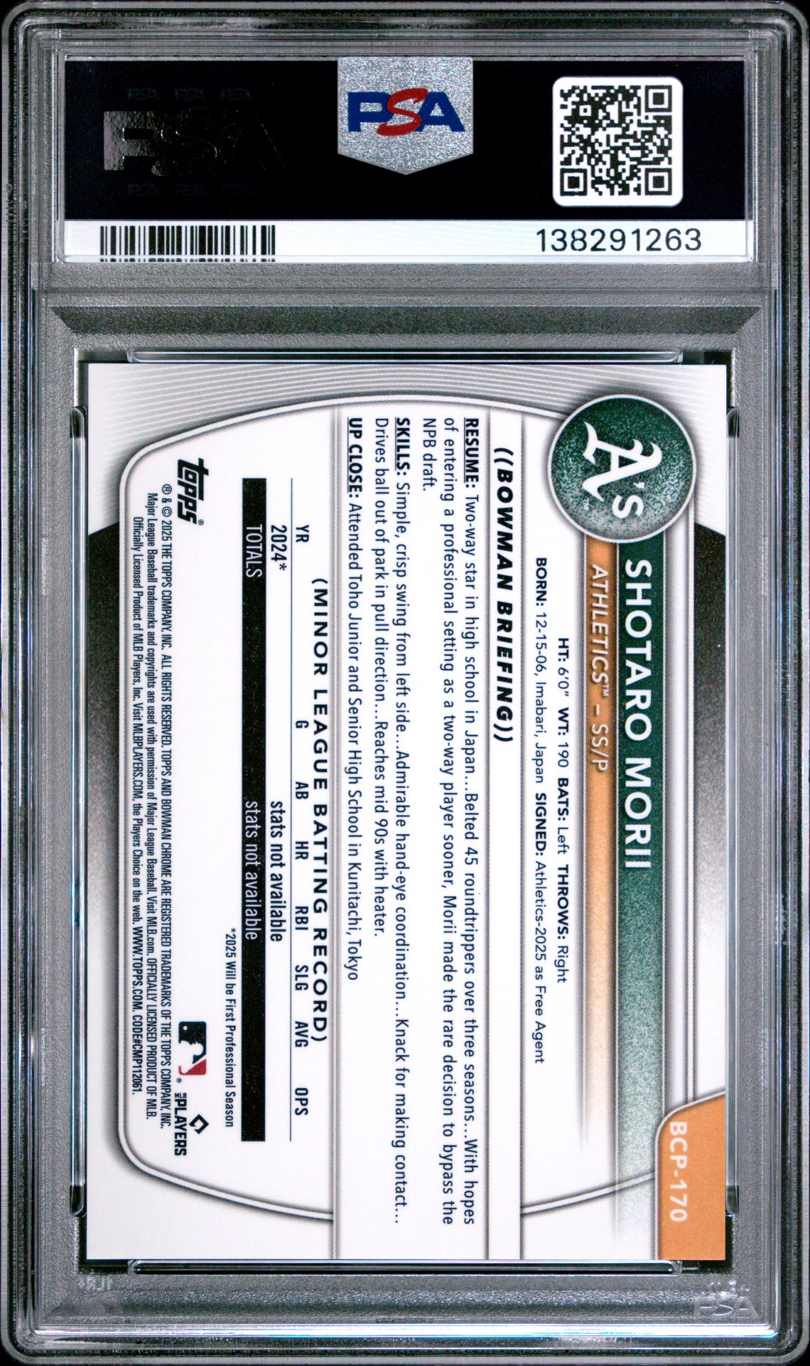 2025 Bowman Chrome Prospects Shotaro Morii #Bcp170 (Prospects-Orange Shimmer) Mint 9 back