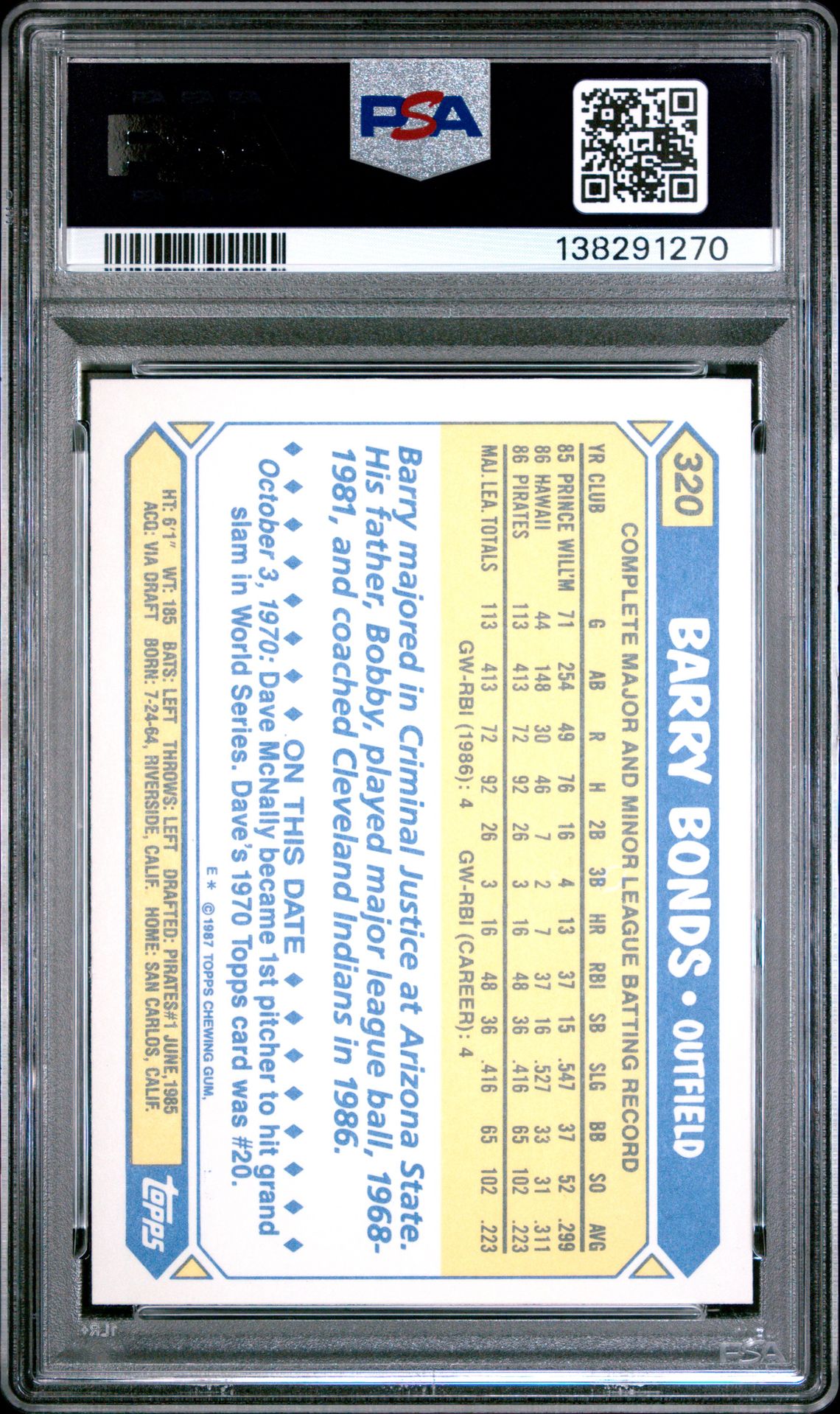1987 Topps Tiffany Barry Bonds #320 Nm 7 back