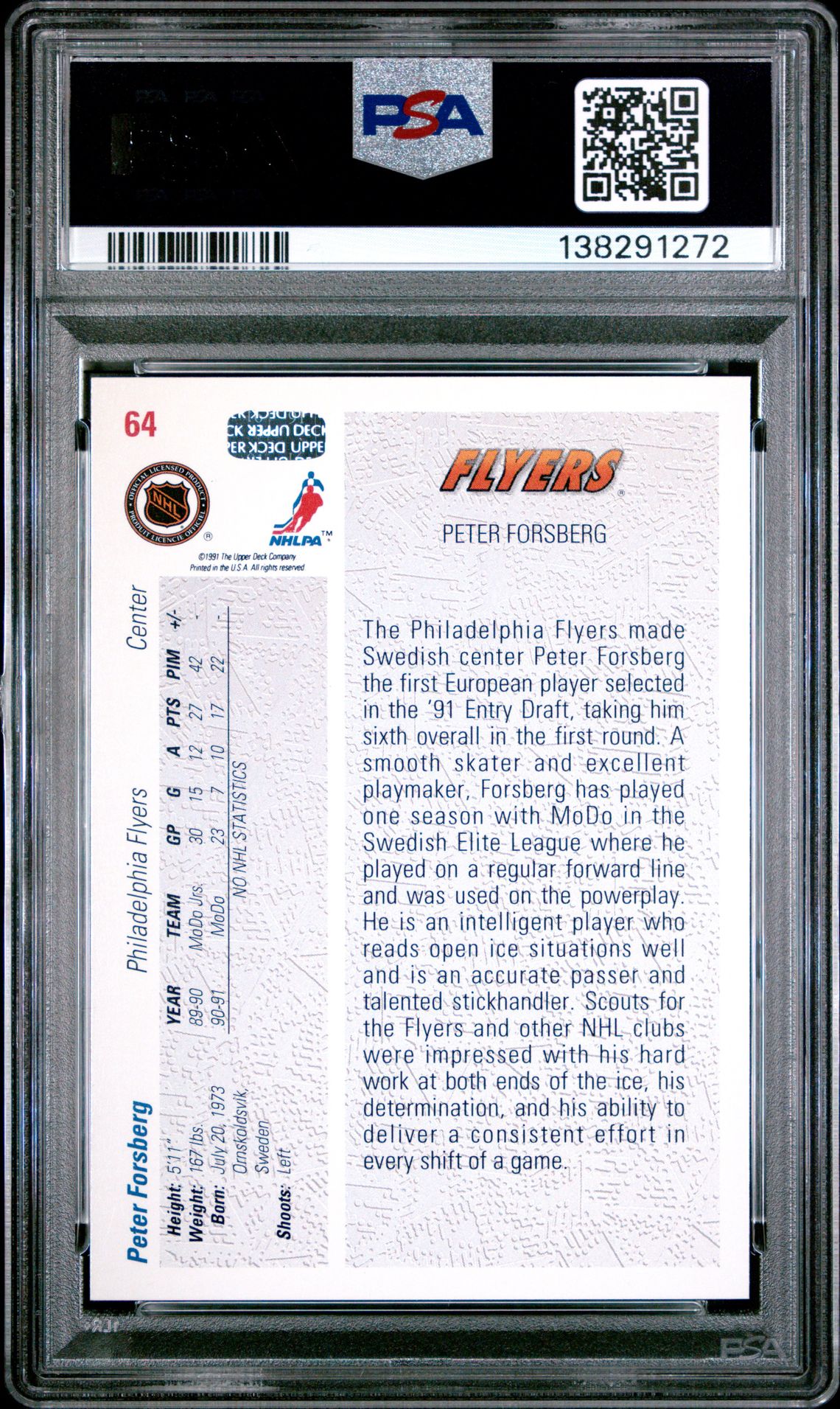 1991 Upper Deck Peter Forsberg #64 Gem Mt 10 back