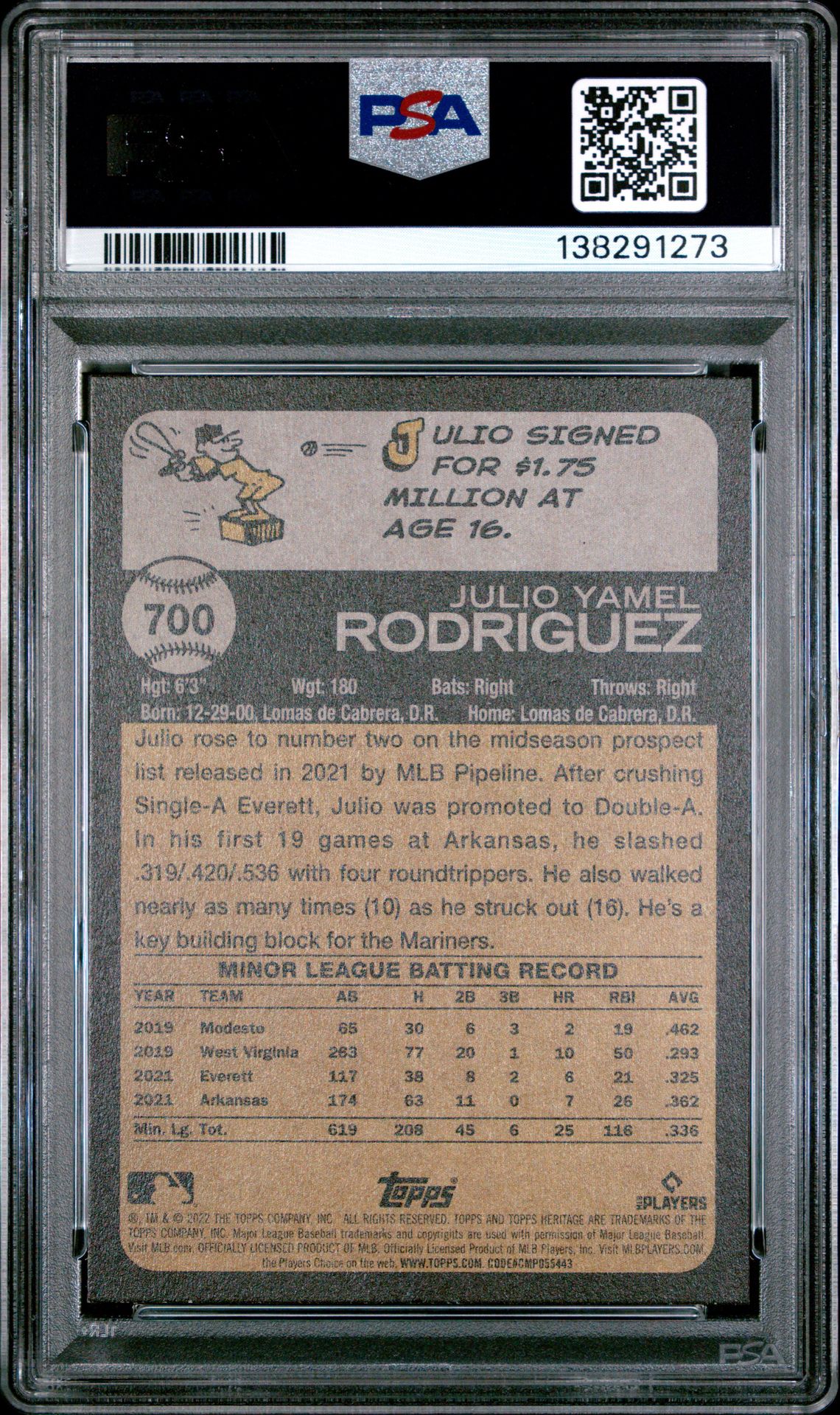 2022 Topps Heritage Julio Rodriguez #700 Gem Mt 10 back