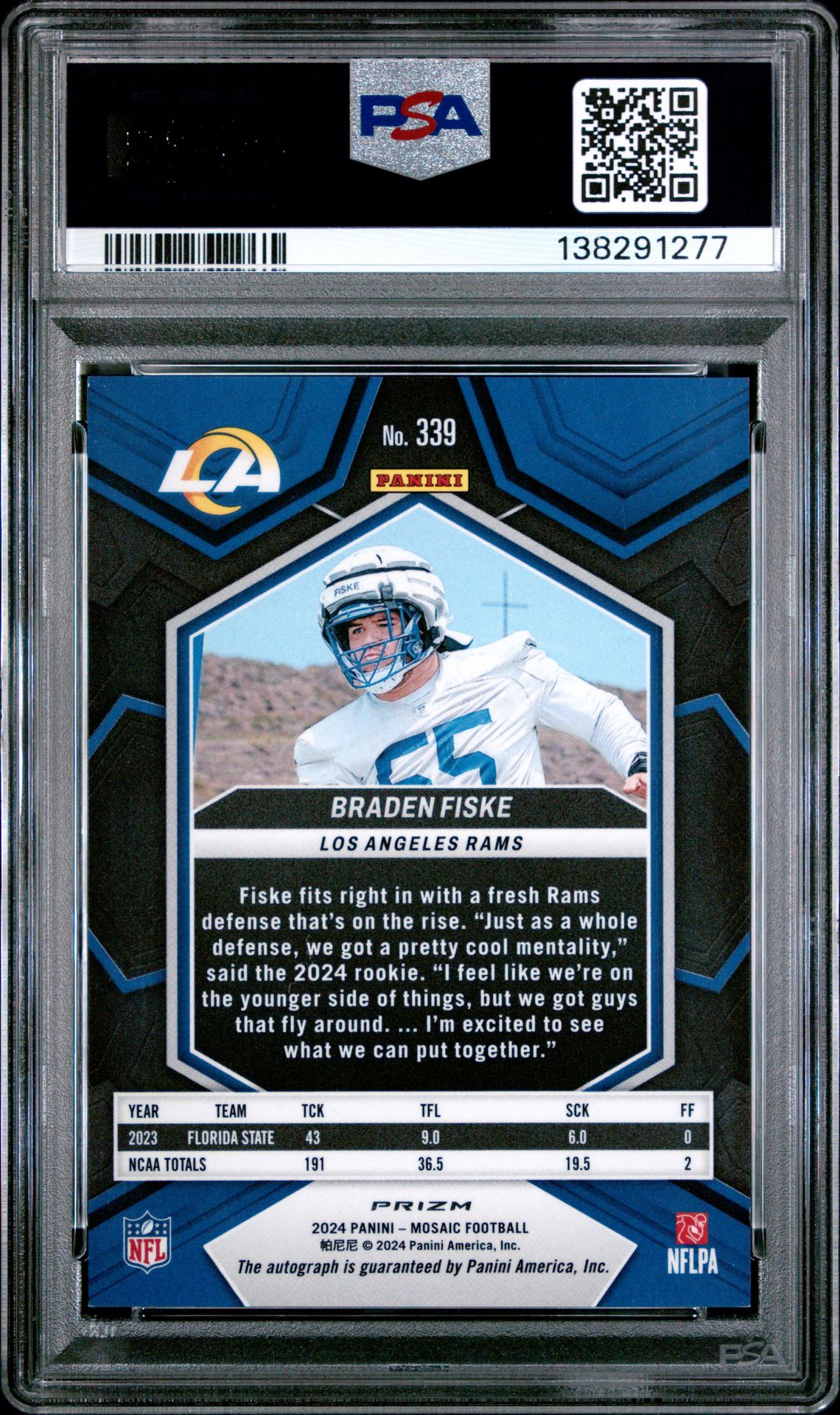 2024 Panini Mosaic Braden Fiske #339 (Autograph) Mint 9 back