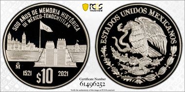 2021-Mo 10 Peso Fall of Tenochtitlan 500th Ann. PR70DCAM