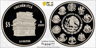 (2011)-Mo 5 Peso Chichen Itza KM-947 La Iglesia PR70DCAM