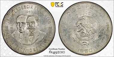 1960-Mo 10 Peso 150th Anniversary KM-476  Ag MS62