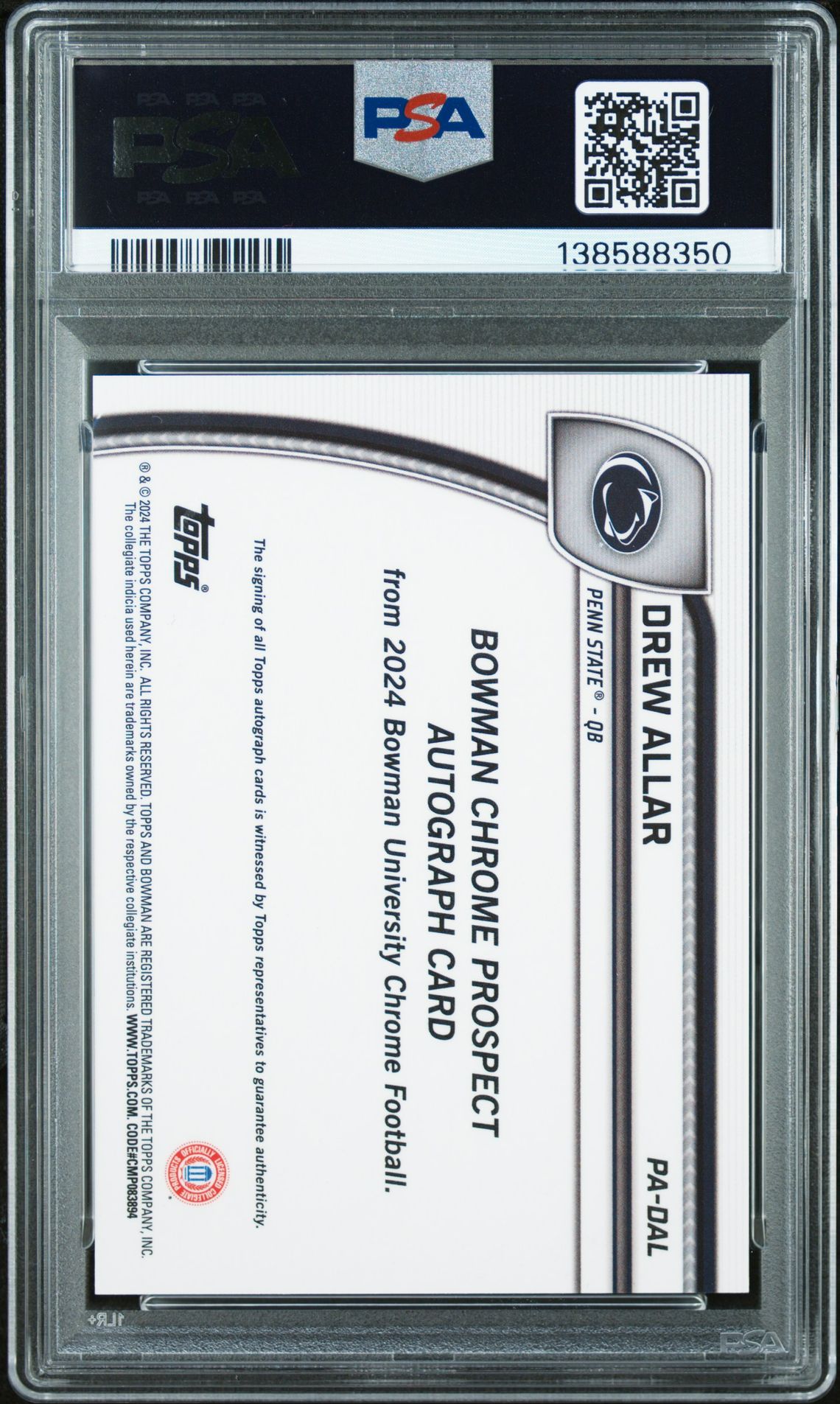 2024 BOWMAN UNIVERSITY CHROME BOWMAN CHROME PROSPECT AUTOGRAPHS DREW ALLAR PRSPCT AU-B&G STEALTH REF PADAL GEM MT 10 back