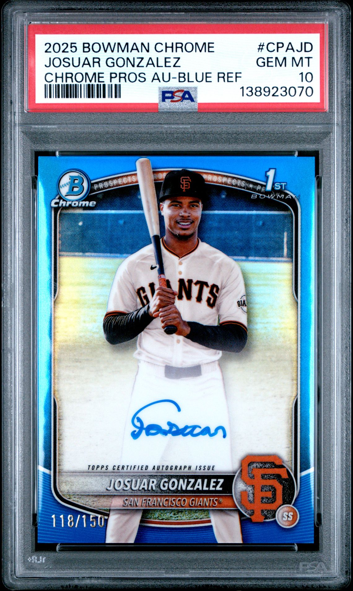 2025 Bowman BOWMAN CHROME PROSPECT AUTOGRAPHS Blue Refractor #CPAJD Josuar Gonzalez front