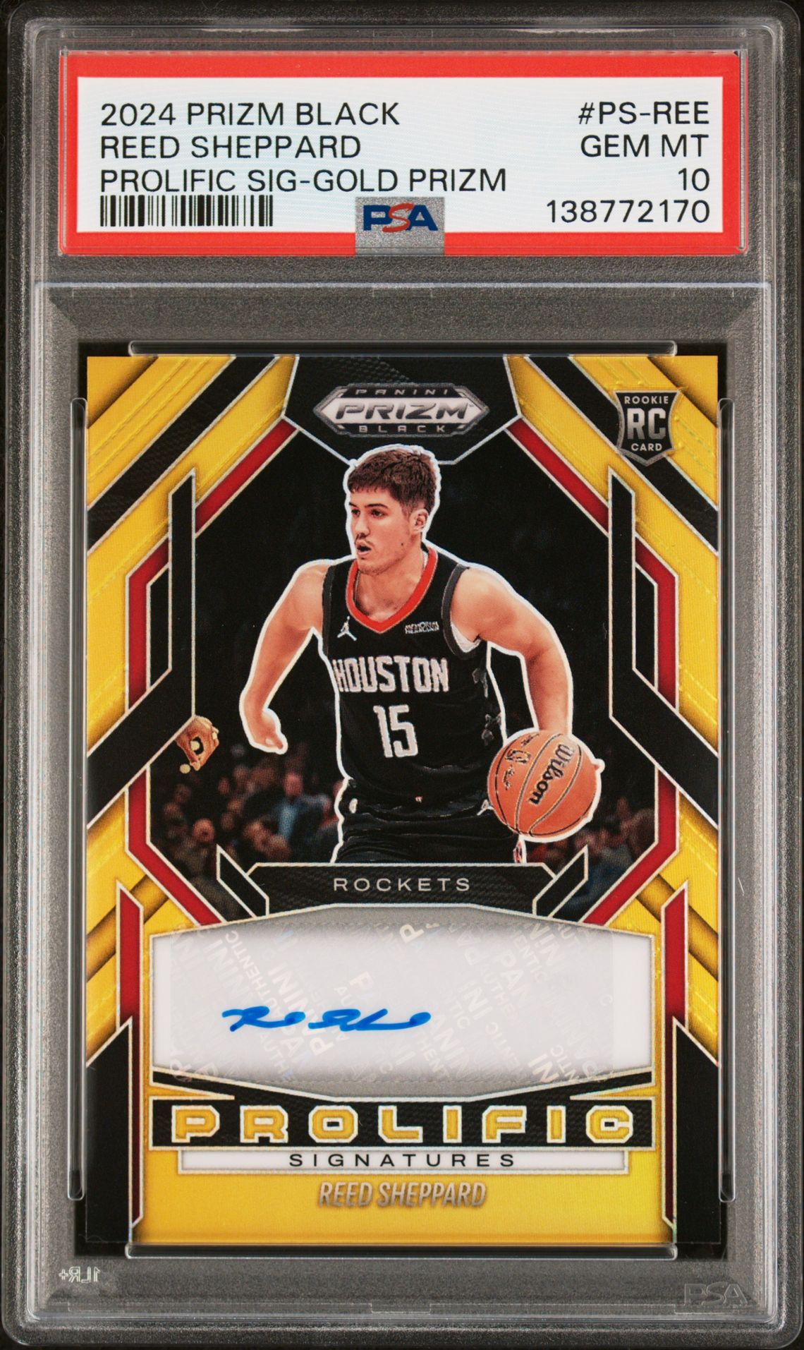 2024 Panini Prizm Black Prolific Signatures Reed Sheppard #Ps-Ree (Prolific Sig-Gold Prizm) Gem Mt 10 front