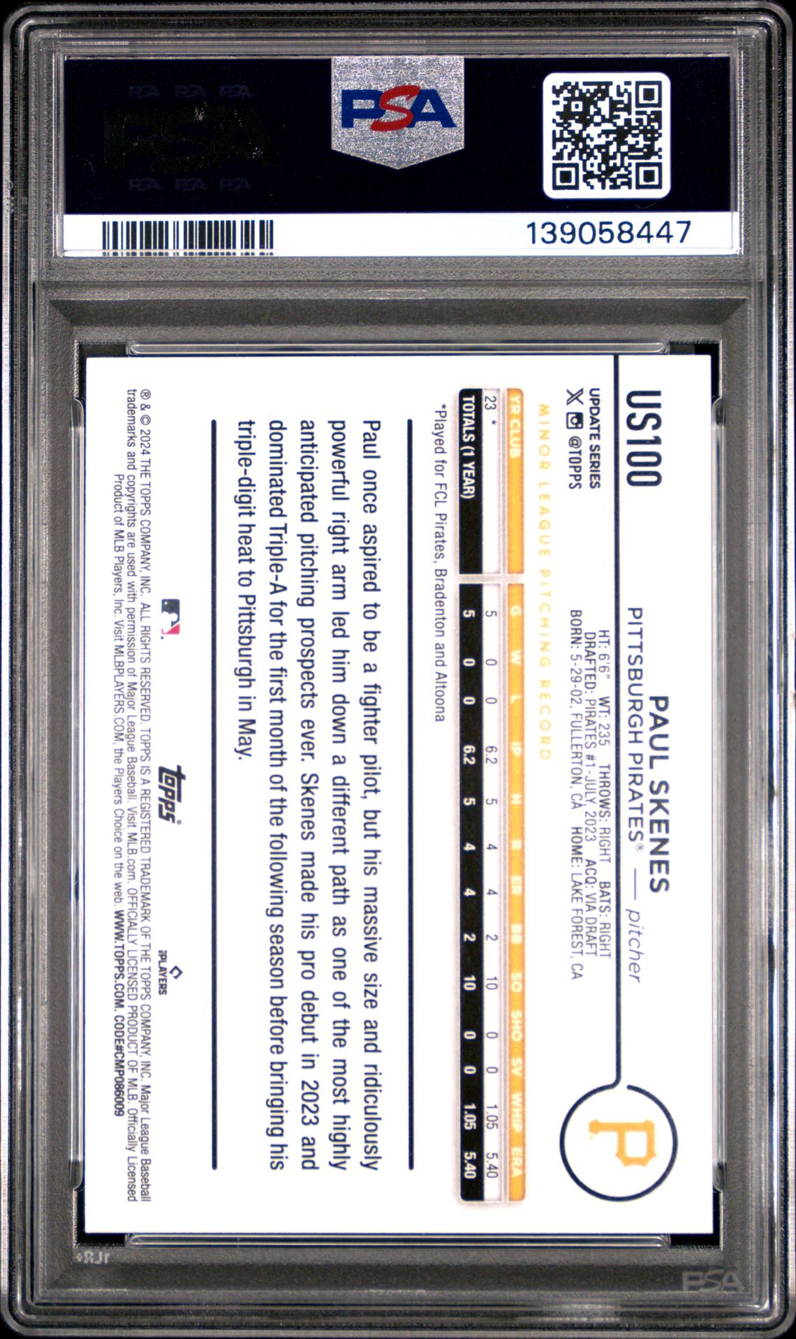 2024 Topps Update Paul Skenes #Us100 (Gold Rainbow Foil) Gem Mt 10 back