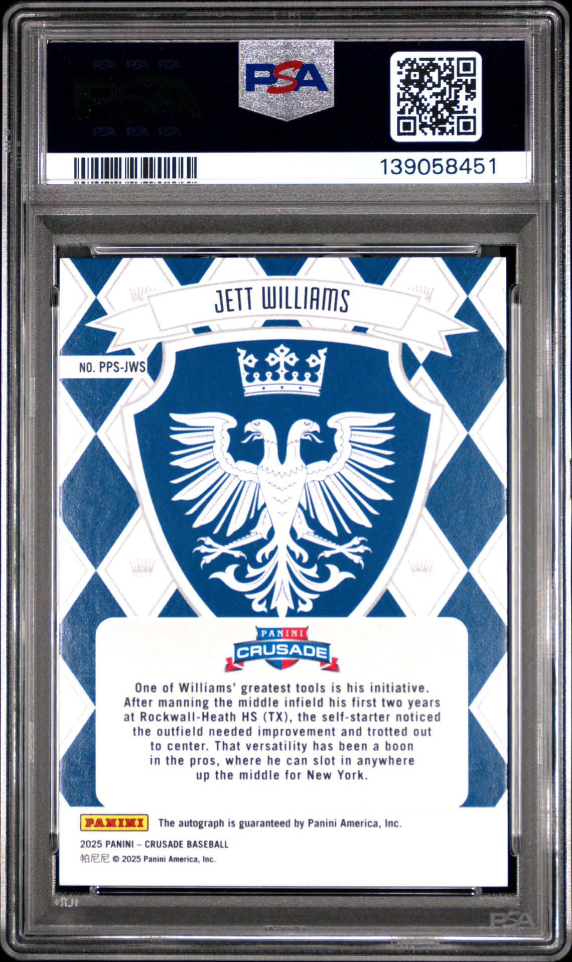 2025 Panini Crusade Crusade Perennial Prospect Signatures Jett Williams #Pps-Jws Gem Mt 10 back