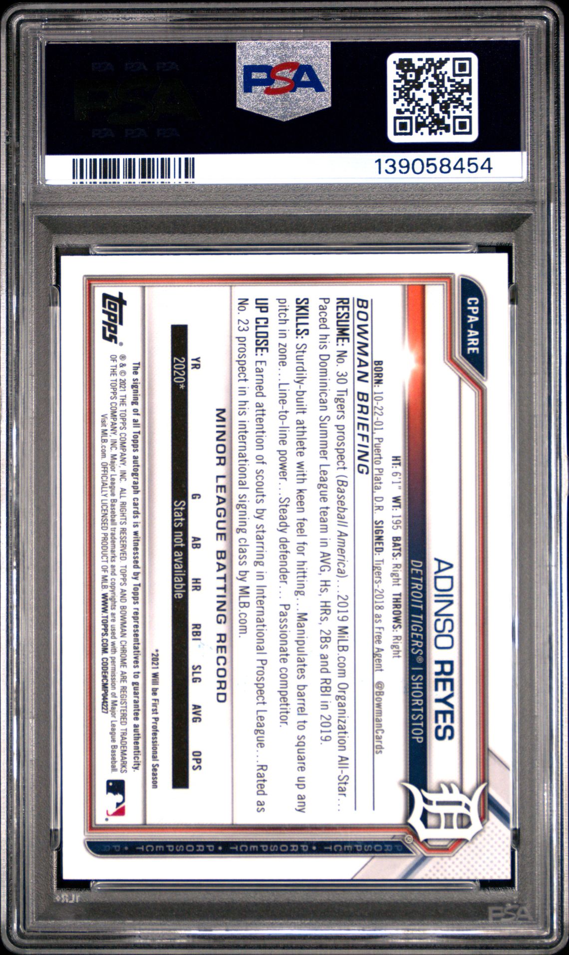 2021 Bowman Chrome Prospect Autographs Adinso Reyes #Cpaare (Chrome Prospect Auto.) Mint 9 back