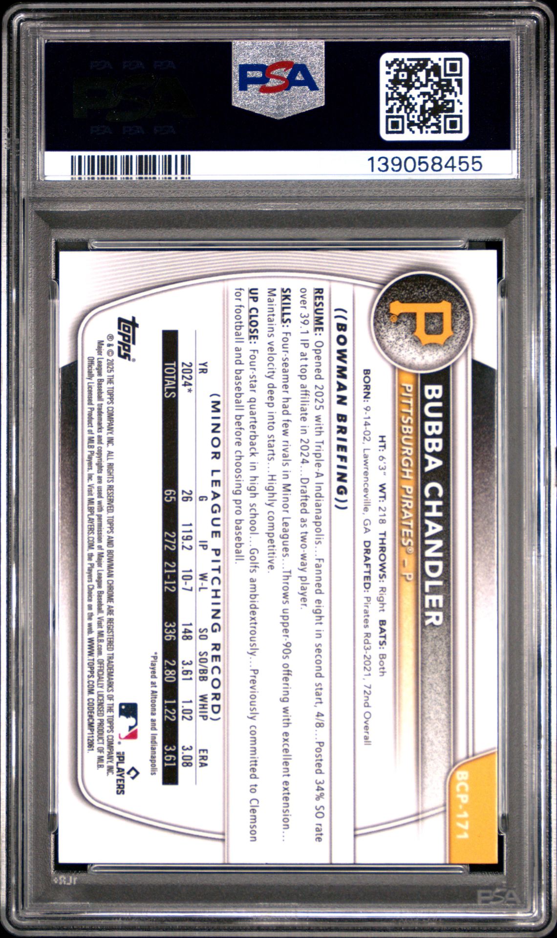 2025 Bowman Chrome Prospects Bubba Chandler #Bcp171 (Prospects-Green Wave) Gem Mt 10 back