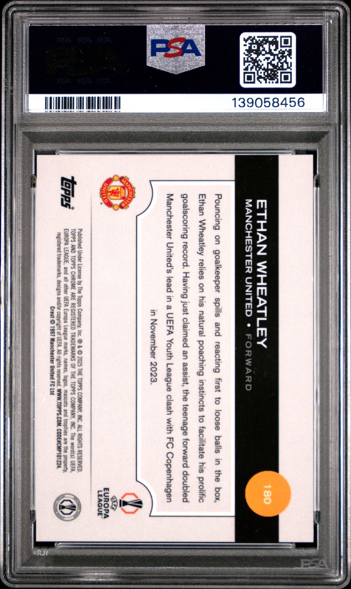 2024-25 Topps Chrome Sapphire Edition Uefa Club Competitions Ethan Wheatley #180 (Orange) Gem Mt 10 back view - PSA certificate #139058456