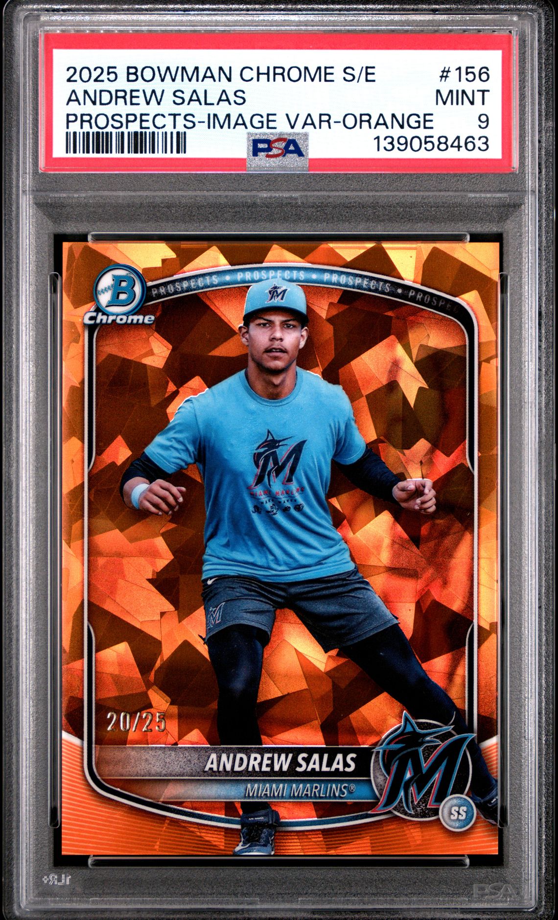 2025 Bowman Chrome Sapphire Edition Prospects Andrew Salas #156 (Prospects-Image Var-Orange) Mint 9 front