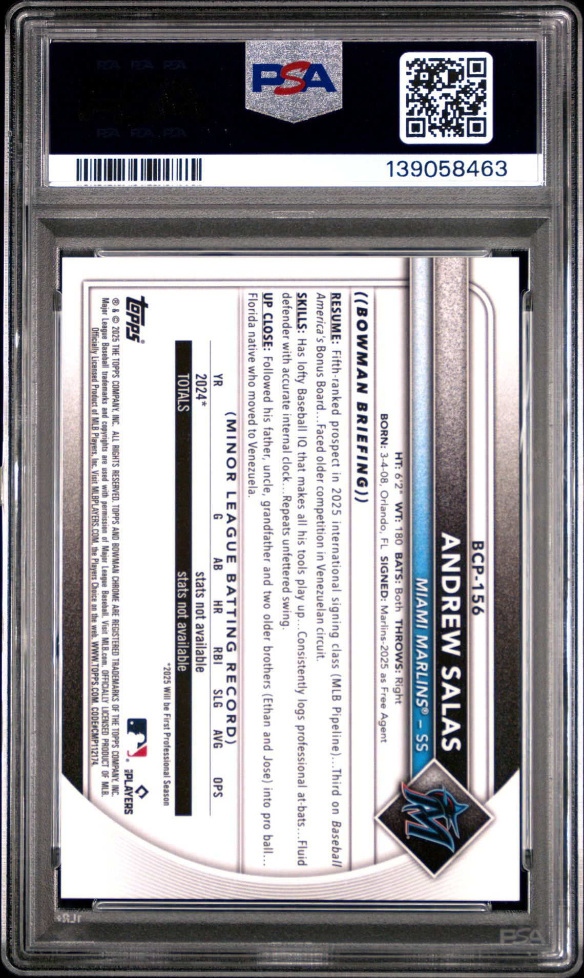 2025 Bowman Chrome Sapphire Edition Prospects Andrew Salas #156 (Prospects-Image Var-Orange) Mint 9 back