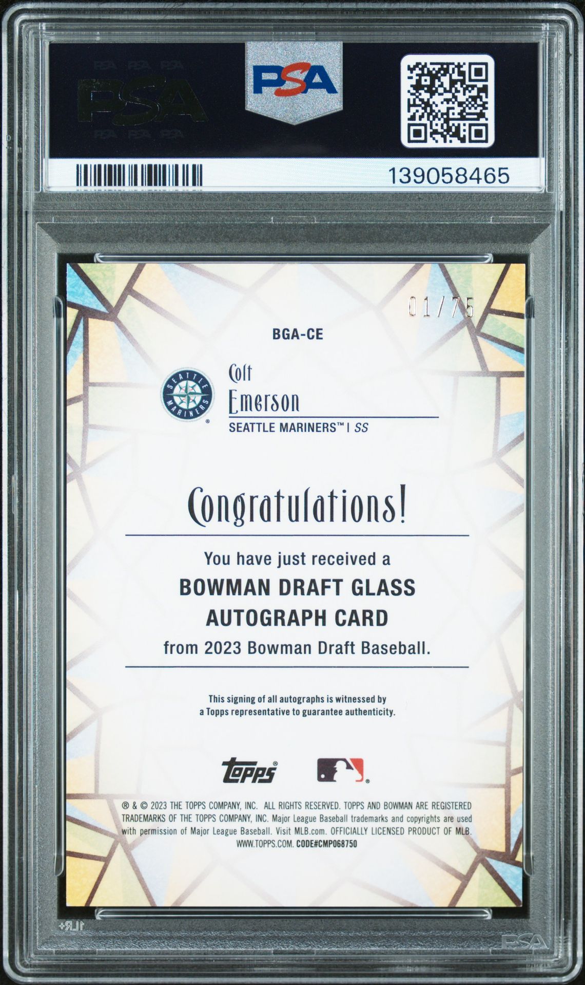 2023 Bowman Draft Bowman Glass Autograph Colt Emerson #Bgace (Glass Autograph-Lava Ref) Mint 9 back