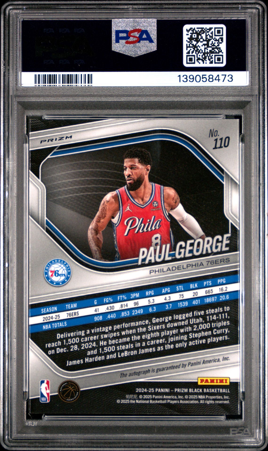 2024 PANINI PRIZM BLACK PAUL GEORGE AUTOGRAPH 110 GEM MT 10 back