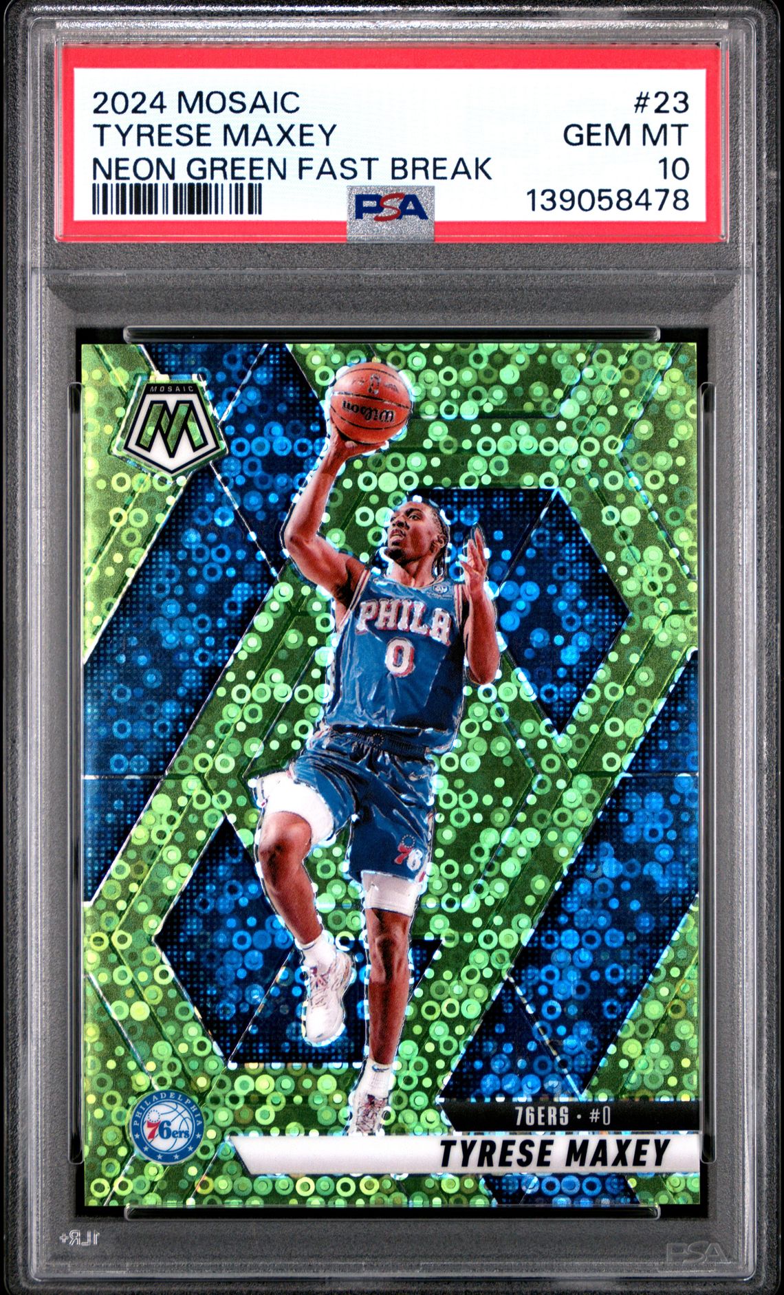 2024 Panini Mosaic Tyrese Maxey #23 (Neon Green Fast Break) Gem Mt 10 front