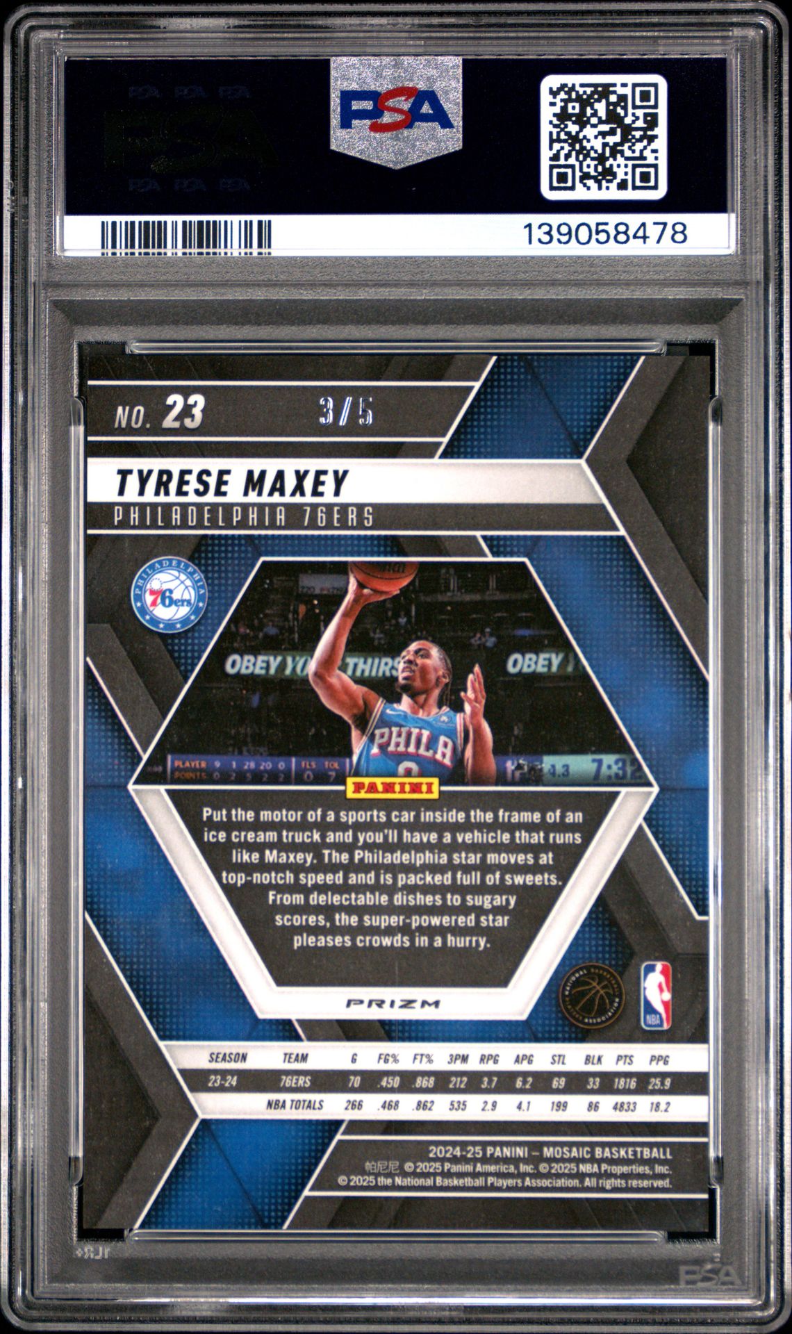 2024 Panini Mosaic Tyrese Maxey #23 (Neon Green Fast Break) Gem Mt 10 back