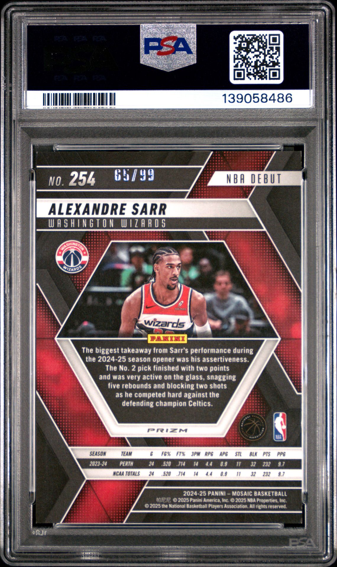 2024 Panini Mosaic Alexandre Sarr #254 (Red Fast Break) Mint 9 back