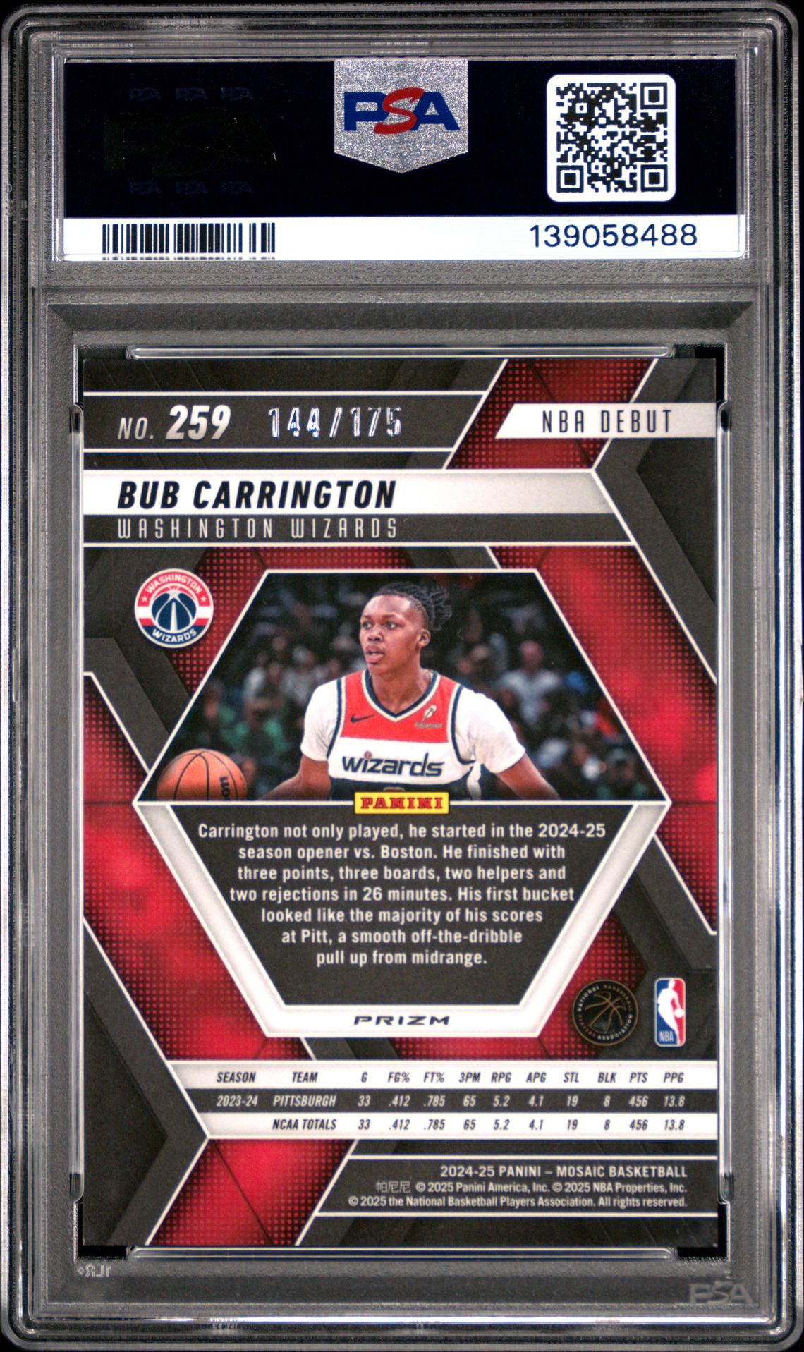 2024 Panini Mosaic Bub Carrington #259 (Pink) Mint 9 back